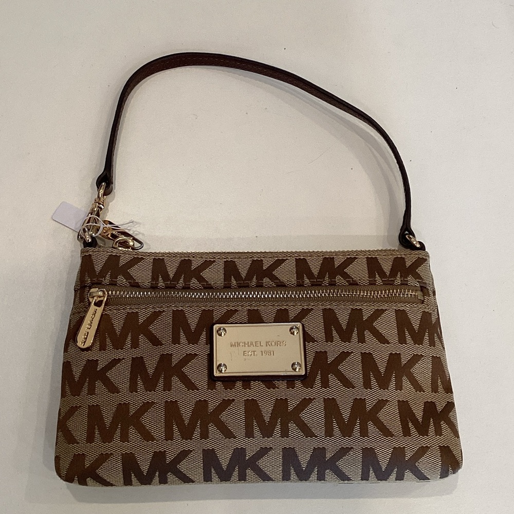 Michael Kors Tan & Brown MK Logo Wristlet Clutch